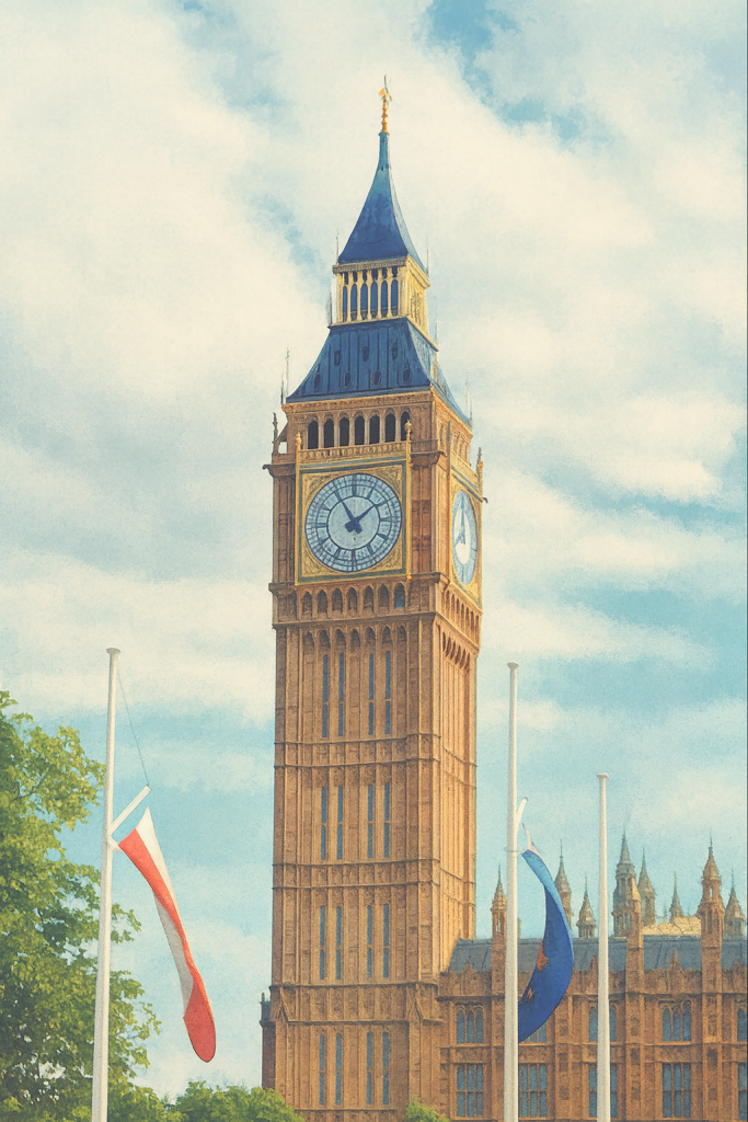 Vista del Big Ben en Londres con banderas en primer plano